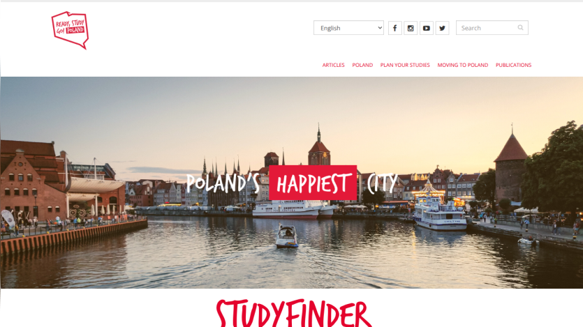 Study in Poland website with a scenic city waterfront and text Poland's happiest city and Studyfinder