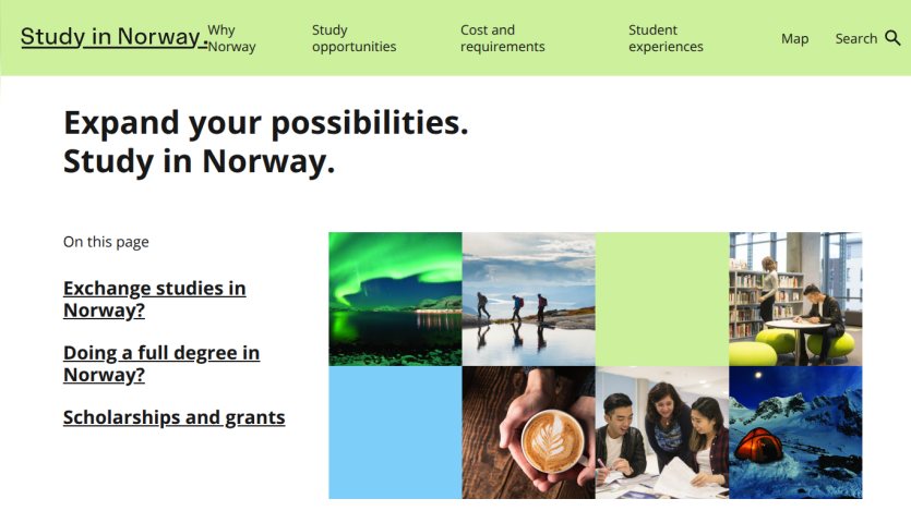 Study in Norway website with navigation and sections on exchange studies, full degrees, scholarships, and images of nature and students