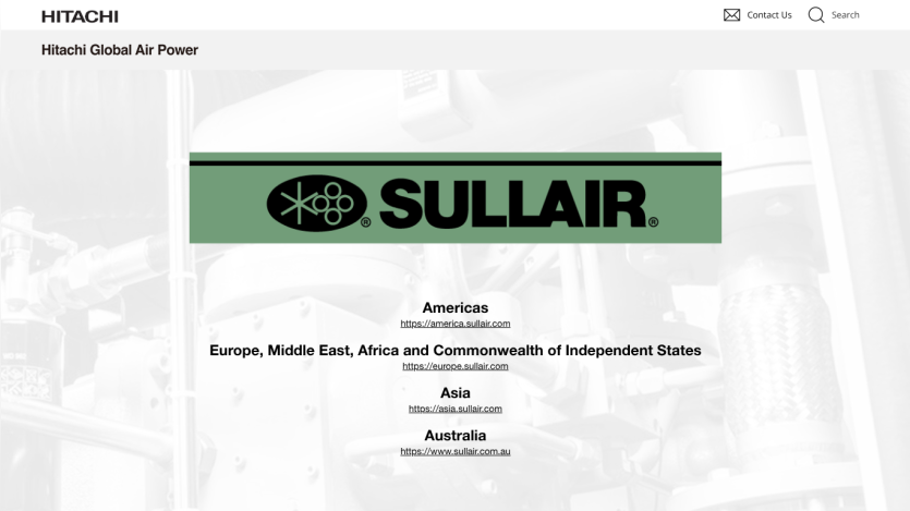Hitachi Global Air Power page with Sullair logo and regional links for Americas, Europe, Asia, and Australia