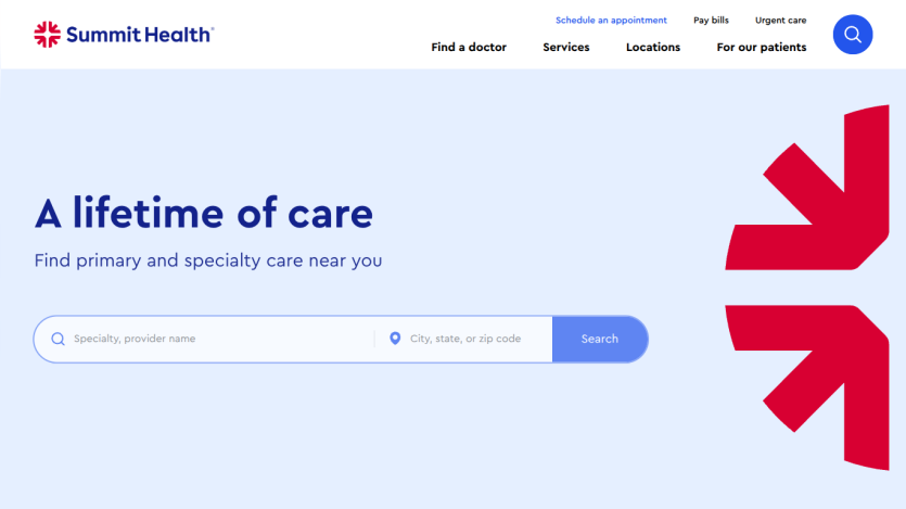 Homepage of Summit Health featuring a search bar for primary and specialty care.