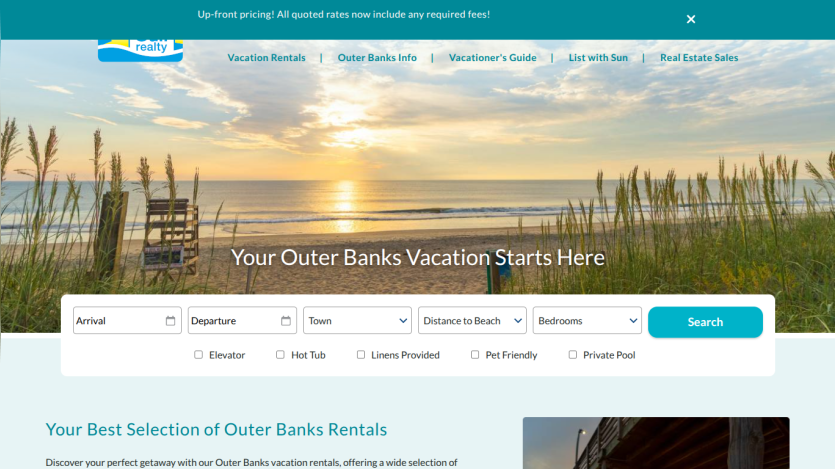 Outer Banks vacation rental site with a beach sunrise background and a search form for arrival, departure, town, distance to beach, bedrooms, and amenities.