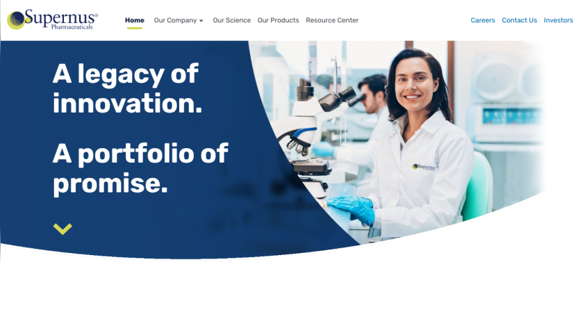 Supernus Pharmaceuticals homepage with tagline about innovation and portfolio, featuring a smiling scientist in a lab