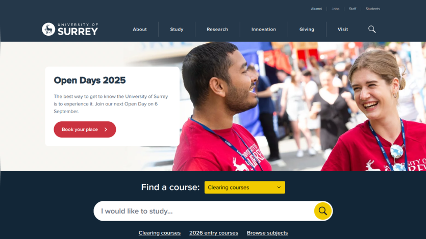 University of Surrey homepage featuring Open Days 2025 announcement and course search bar.
