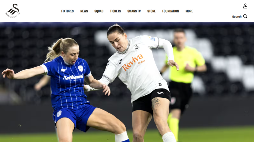 Swansea City AFC website header with navigation and hero image of two female soccer players competing for the ball