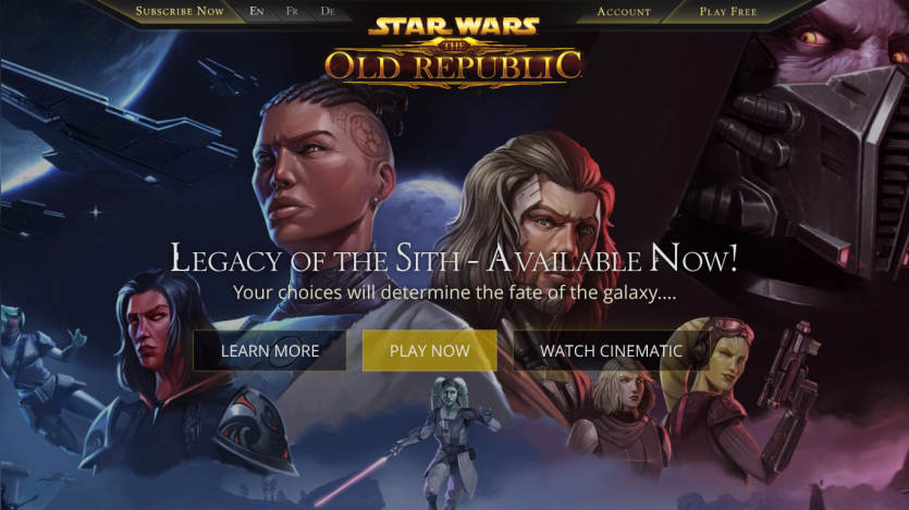 Star Wars: The Old Republic game promotion with characters and call-to-action buttons.