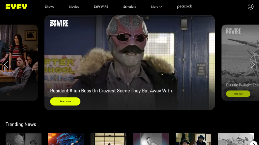Homepage of Syfy featuring a highlighted show and trending news section.