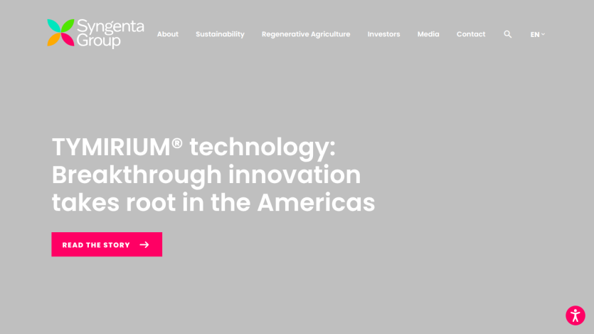 Syngenta Group homepage featuring Tymirium technology breakthrough in the Americas with navigation menu