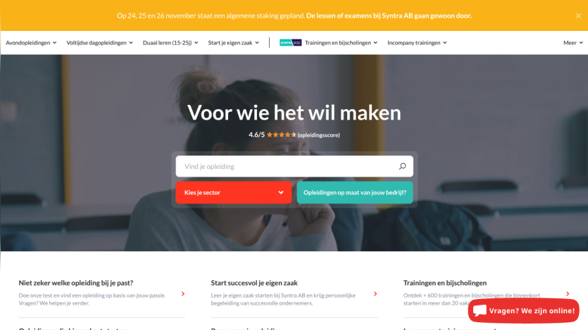 Homepage with navigation menu, search bar for courses, and headline about making it happen with a 4.6/5 rating