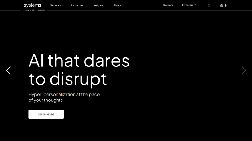 Website header with navigation and hero section stating 'AI that dares to disrupt' and a learn more button