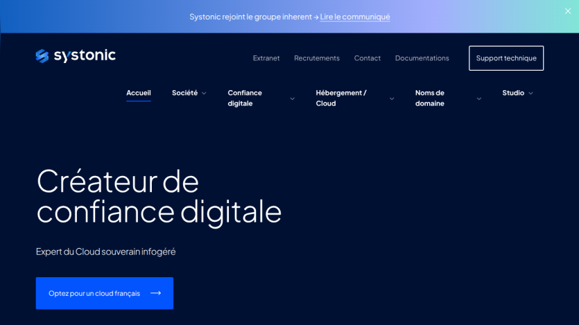 Homepage of Systonic showing digital trust creation with navigation menu and call-to-action button