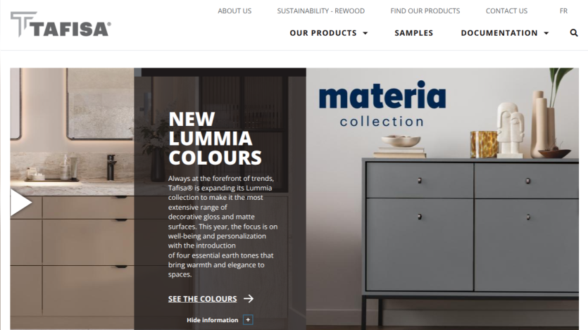 Tafisa website hero showcasing new Lummia colours with decorative gloss and matte surfaces for personalized earth tone designs