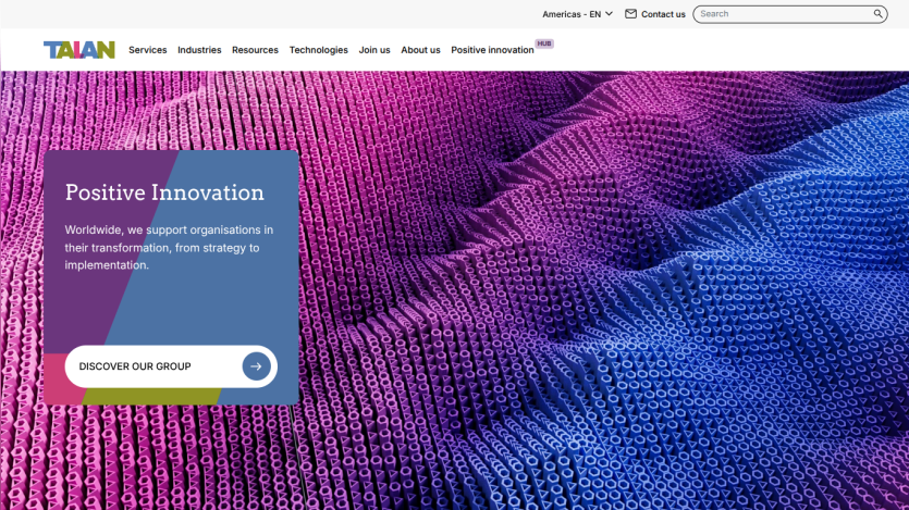 Talan website homepage with navigation menu and hero section titled Positive Innovation supporting organizational transformation
