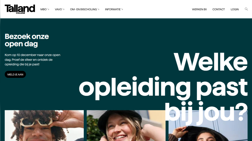 Talland College website promoting an open day on December 10 with a call to action to register and images of smiling young people