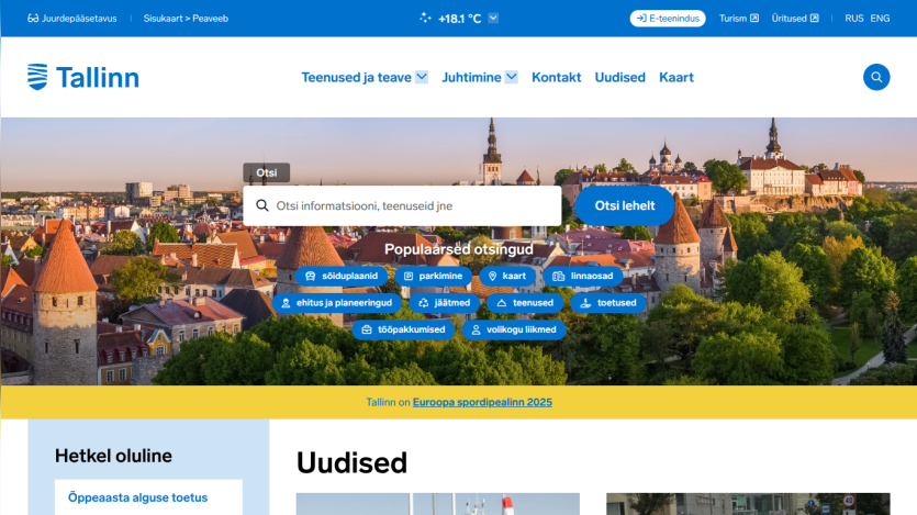 Tallinn cityscape with search bar and navigation links for tourism information.