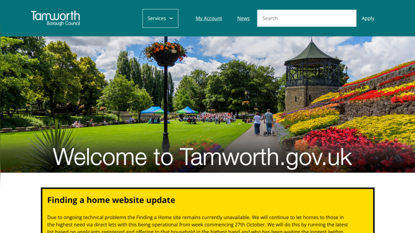 Tamworth Borough Council website with navigation and a welcome message over a park scene with flowers and people