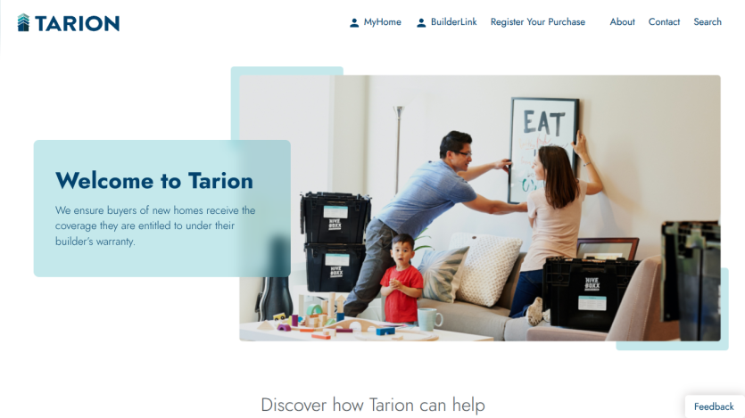 Tarion homepage with welcome message ensuring new home buyers receive builder warranty coverage, navigation links, and family photo