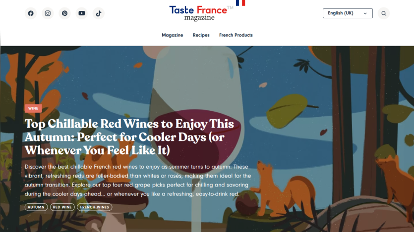 Taste France magazine homepage featuring an article on chillable red wines for autumn with autumn-themed illustration