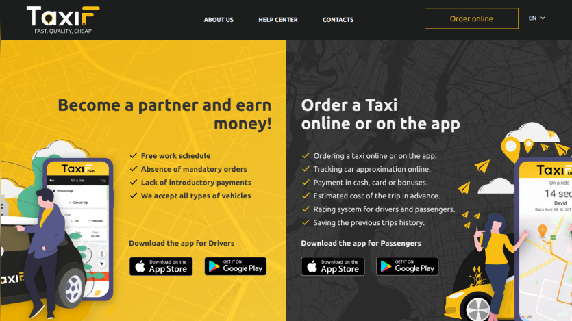 TaxiF website promoting driver partnership benefits and passenger app features with download links