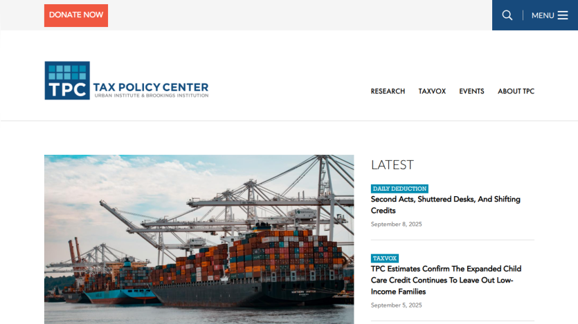 Homepage of the Tax Policy Center featuring latest articles and a large image of shipping containers.