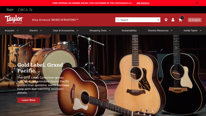 Taylor Guitars homepage featuring Gold Label guitars and navigation options.