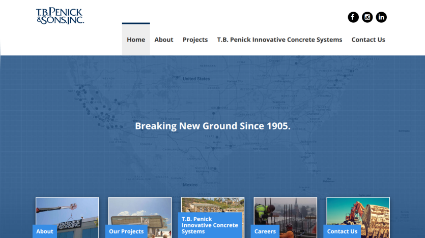 T.B. Penick & Sons, Inc. homepage with navigation and hero text 'Breaking New Ground Since 1905' over a map background