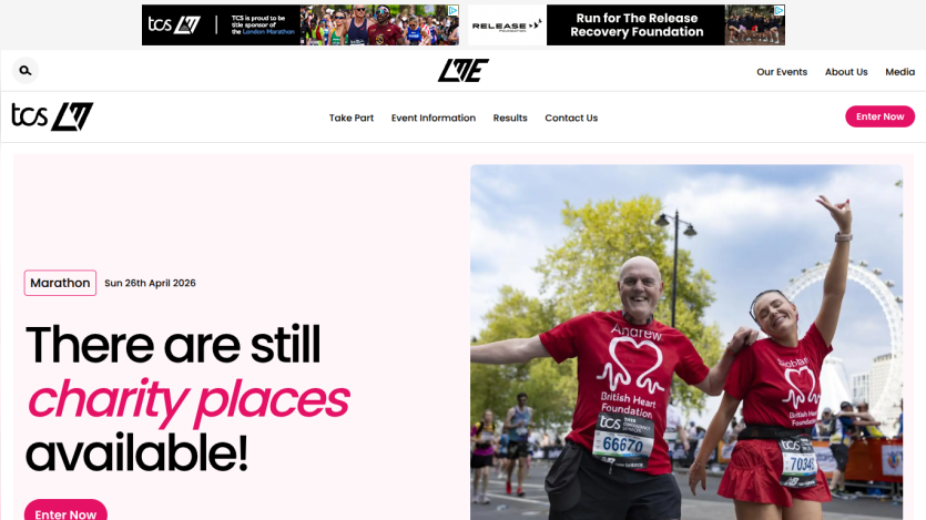 Promotional banner for charity places in a marathon with runners celebrating.
