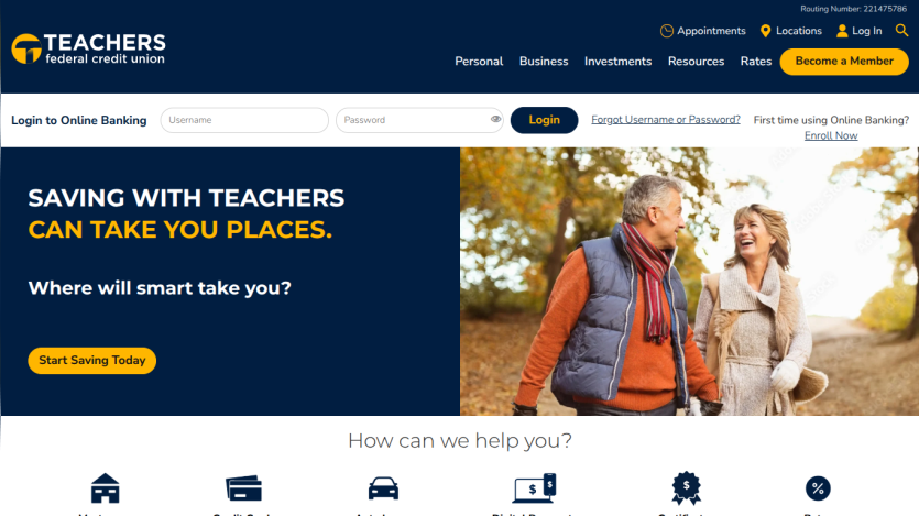 Teachers Savings logo, headline about saving with teachers, call-to-action button, and image of two people outdoors