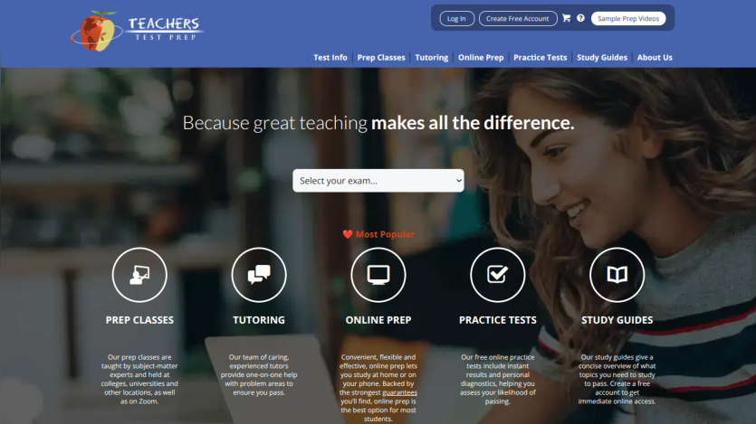 Teachers Test Prep homepage with navigation and options for prep classes, tutoring, online prep, practice tests, and study guides