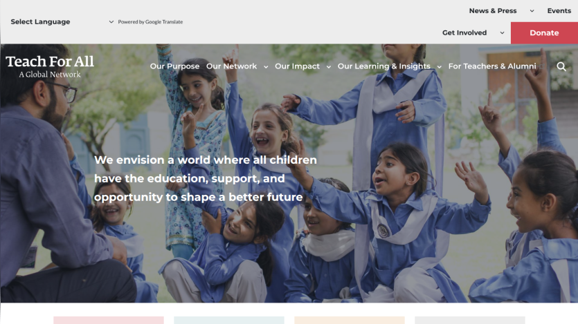 Teach For All homepage with children in school uniforms and text about education and opportunity