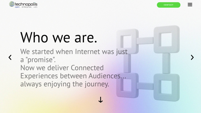 Technopolis website hero section with headline 'Who we are' and a geometric connected squares graphic