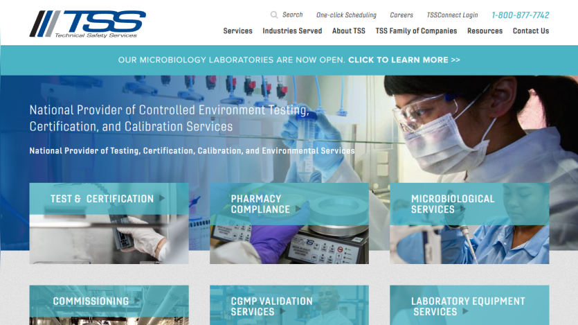 Technical Safety Services homepage featuring controlled environment testing, certification, and calibration services with navigation and contact info