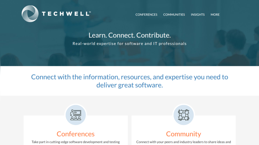 Techwell website header with navigation and hero text about expertise for software and IT professionals