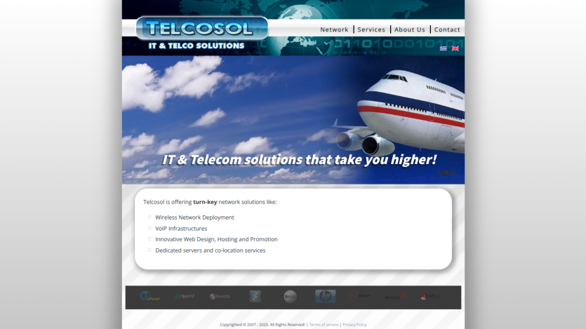Telcosol IT & Telecom solutions website with navigation, hero image of airplane and sky, and list of network services offered