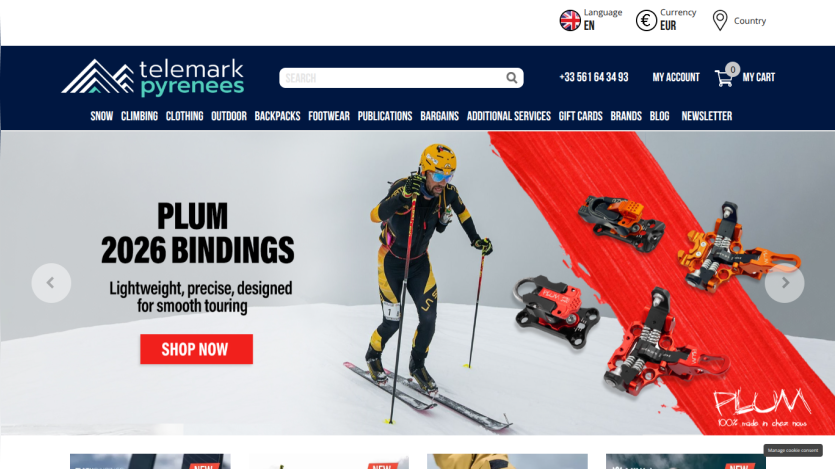 Telemark Pyrenees website featuring Plum 2026 bindings for smooth touring with a skier and product images