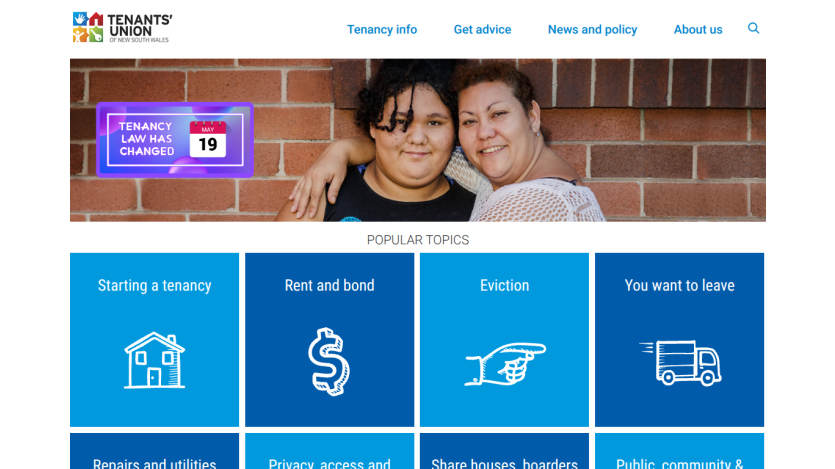 Tenants' Union of New South Wales homepage with tenancy law update and popular topics like starting tenancy, rent, eviction, and leaving