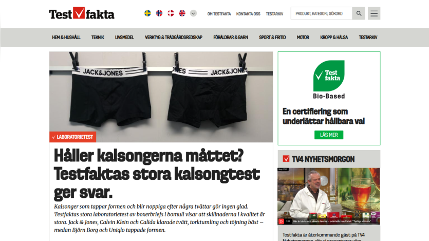 Testfakta's large boxer brief test results with image of two black Jack & Jones boxer briefs and certification info