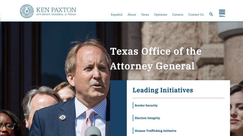 Texas Office of the Attorney General homepage featuring leading initiatives.