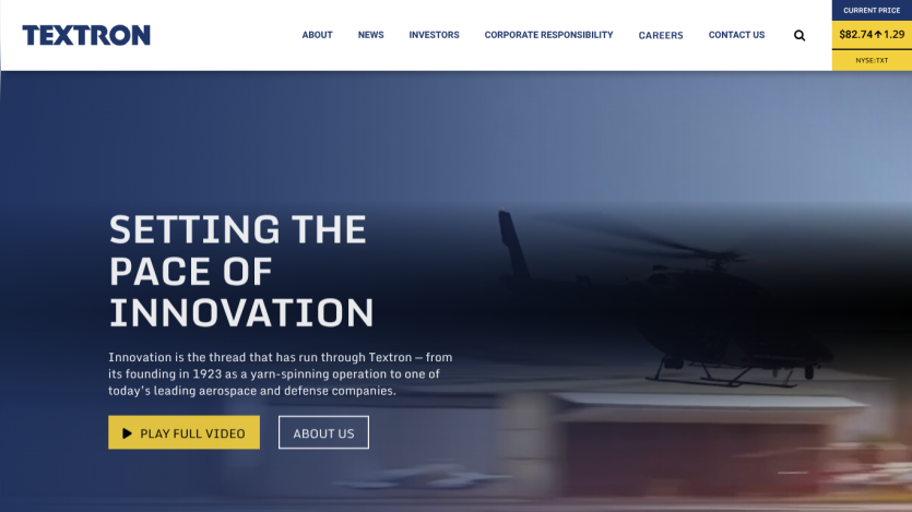 Textron's homepage featuring the tagline 'Setting the Pace of Innovation' and a helicopter image.