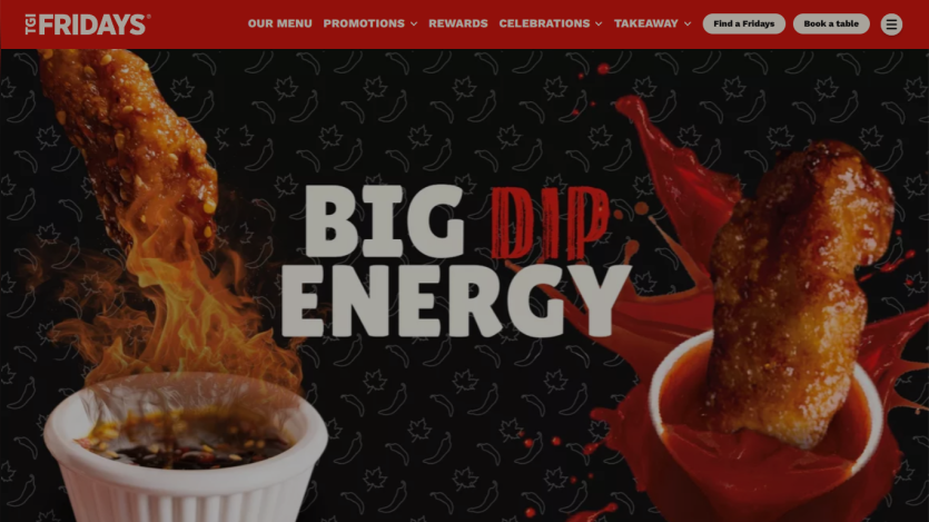 Promotional banner featuring 'BIG DIP ENERGY' with dipping sauces and food imagery.