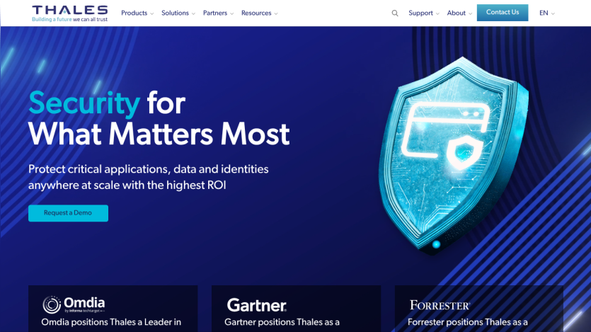 Thales website hero section promoting security for critical applications with a call to action to request a demo