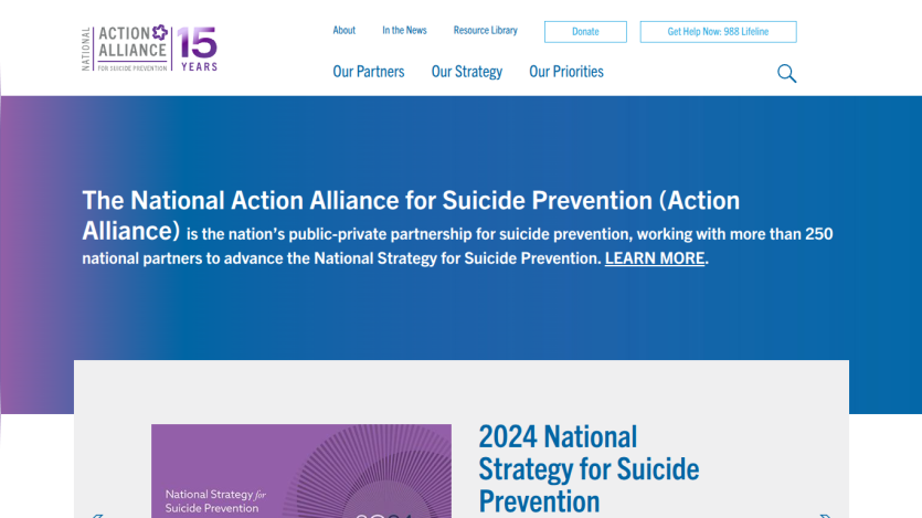 National Action Alliance for Suicide Prevention homepage highlighting partnership and 2024 National Strategy for Suicide Prevention