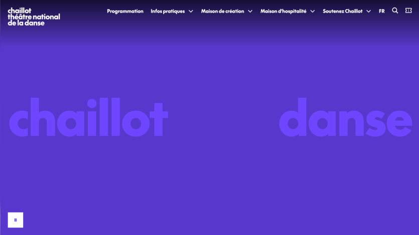 Chaillot Théâtre National de la Danse website with navigation menu and large hero text 'chaillot danse' on purple background