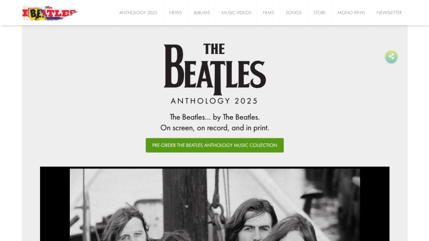 The Beatles Anthology 2023 website featuring a headline and call to action.
