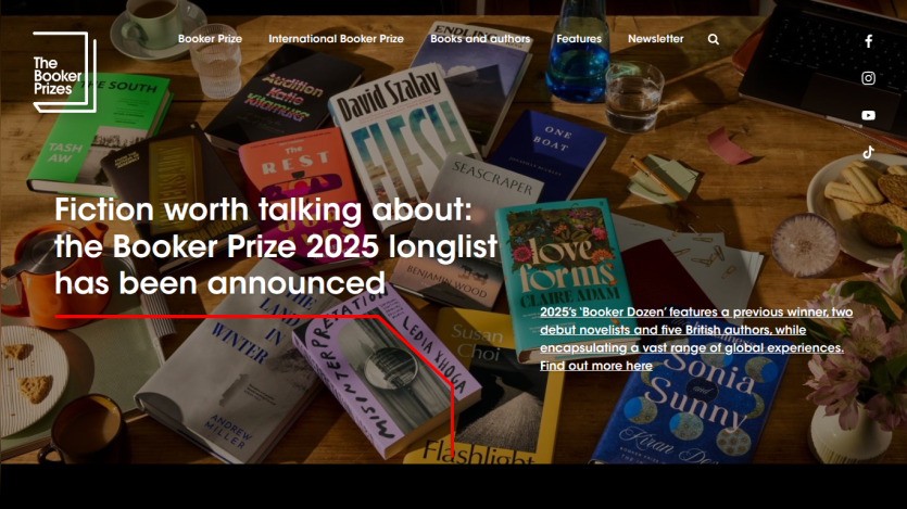 Announcement of the Booker Prize 2025 longlist with book covers displayed.