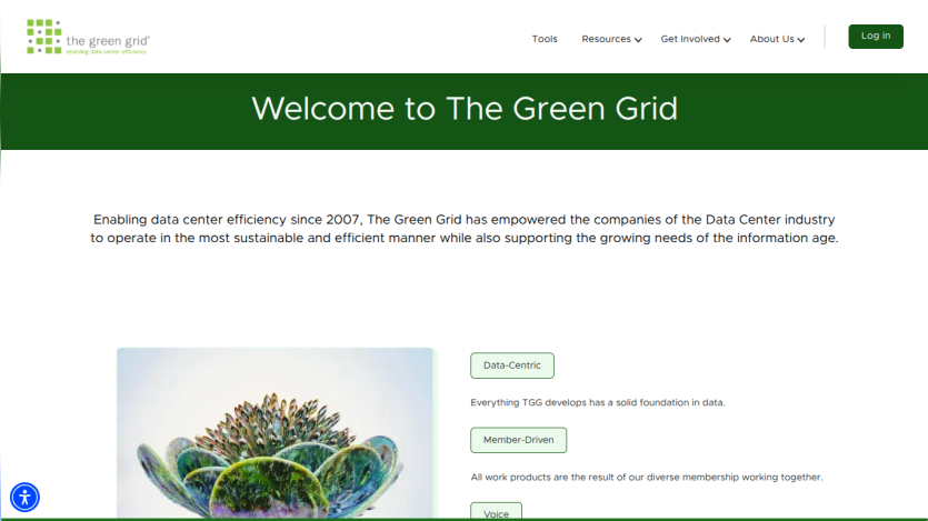 The Green Grid homepage welcomes visitors and highlights its mission to enable data center efficiency since 2007 with data-centric and member-driven values.