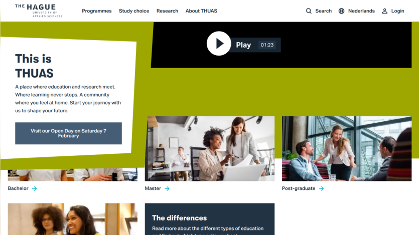 Homepage of The Hague University of Applied Sciences with navigation, intro text, open day button, and education level images