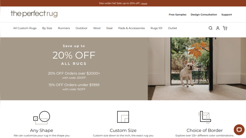 The Perfect Rug homepage offering 20% off all rugs with navigation menu and promotional banner