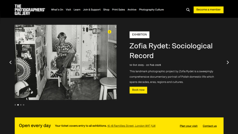 The Photographers' Gallery website featuring Zofia Rydet: Sociological Record exhibition details and booking option