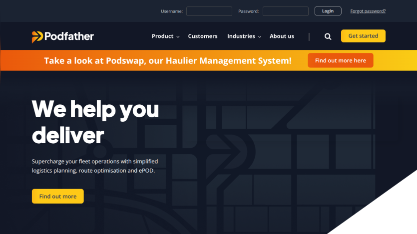 Podfather website offering fleet logistics planning and route optimisation with call to action buttons