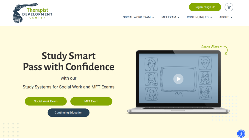 Therapist Development Center homepage offering study systems for Social Work and MFT exams with navigation and call-to-action buttons